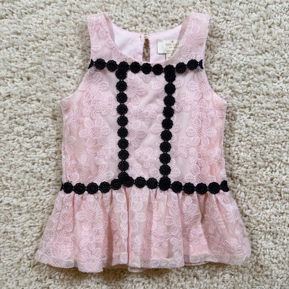 Kate Spade Pink Floral Peplum Top 24M Black Crochet Trim Coquette Balletcore